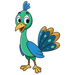 Cartoon Peacock Character with Large Eyes, Blue and Gold Tail on White Background