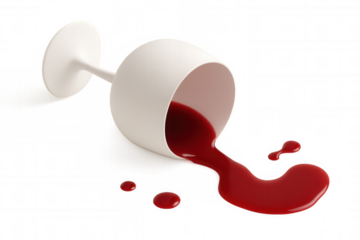 Red wine is spilling from an overturned white wineglass on a transparent background, creating a dramatic and evocative image