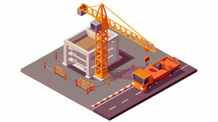Isometric view of a construction site with a crane building and a flatbed truck on a road near by