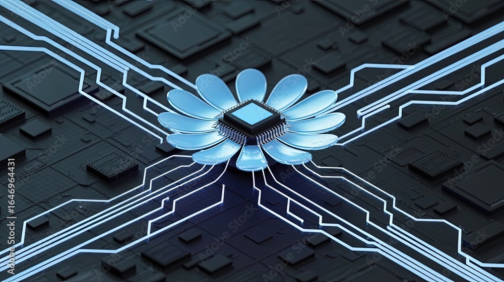 Poster the blossoming core: a vivid image features a digital flower bloom, with circuit lines, represents t