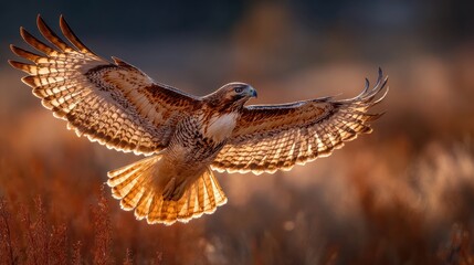 Fototapeta premium A hawk with vibrant plumage glides effortlessly through the air, wings fully extended. Sunlight highlights its feathers as it navigates the stunning, warm-toned landscape