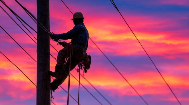 A lineman is suspended on a pole, performing maintenance on power lines as the sun sets, casting vivid colors across the sky. The worker is silhouetted against a backdrop of orange and purple hues - Powered by Adobe
