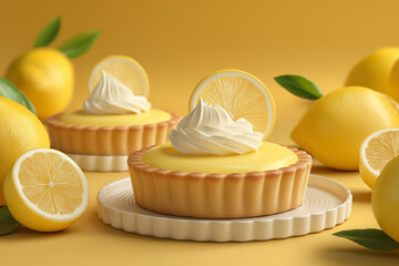 Ultra realistic commercial product photo of lemon tarts, placed on yellow Minimal,  Dramatic spotlight, minimal composition with large empty space for advertising