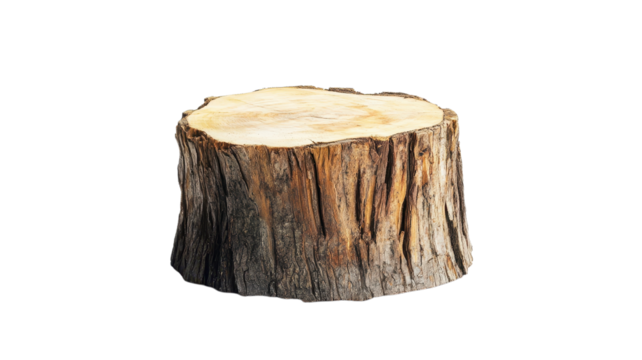 A sturdy wood stump showcases unique textures and grains, ideal for rustic decor or garden enhancement