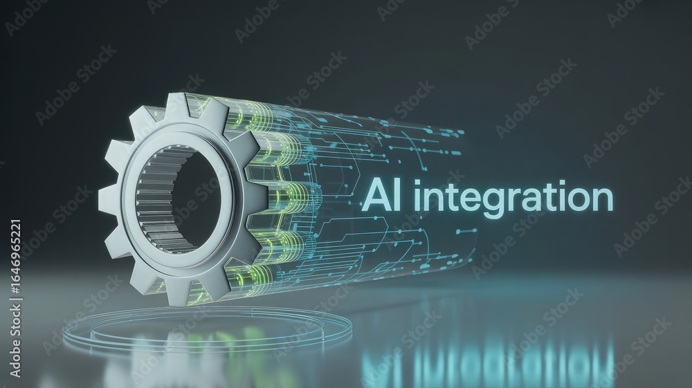 Poster ai integration and cogwheel dynamics: an artistic rendering depicting ai seamlessly merging with a m