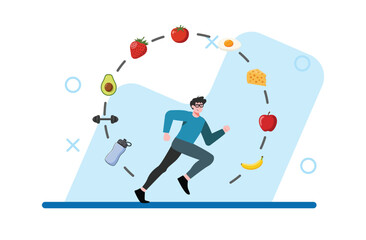 Running Man With Fitness and Food Icons on White Background