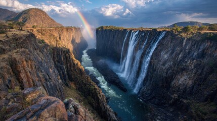 Obraz premium Victoria Falls pours dramatically into the Zambezi River, with mist rising and a rainbow arching over the landscape at twilight. The breathtaking natural beauty captivates every observer