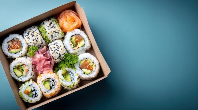 A takeout box filled with assorted sushi rolls displayed on a blue surface. The arrangement includes fresh ingredients like salmon, pickled ginger, and garnishes