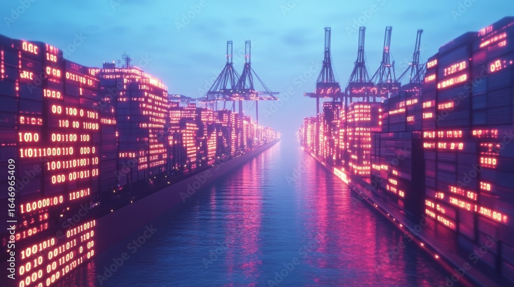 Poster futuristic cybernetic maritime trade hub at dusk, illuminated by binary code and advanced logistics