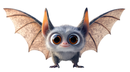 A small, adorable creature with large eyes and bat wings smiles playfully in a bright, whimsical environment