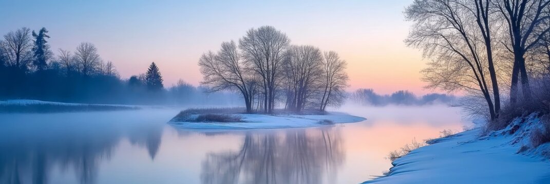 Serene Winter Sunrise Over Misty Lake with Snow-Covered Shores and Reflecting Trees in Pastel Colors