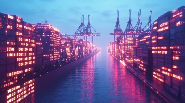 Futuristic Cybernetic Maritime Trade Hub at Dusk, Illuminated by Binary Code and Advanced Logistics