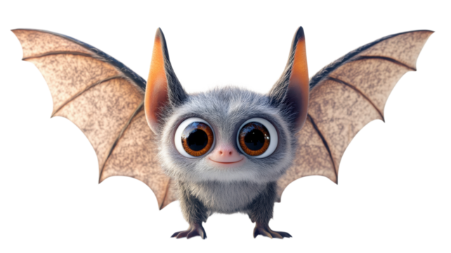 A small, adorable creature with large eyes and bat wings smiles playfully in a bright, whimsical environment