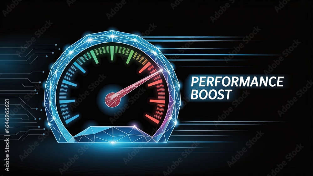 Poster performance boost: a captivating digital rendering depicts a dynamic speedometer, sharply illustrati