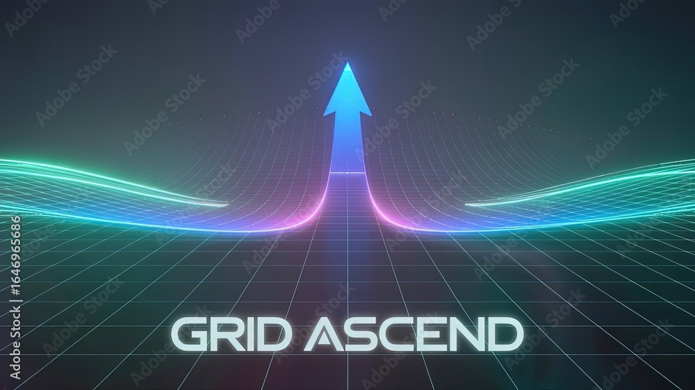 Poster grid ascend: dynamic, futuristic, vector illustration of grid that ascends into the space with an up