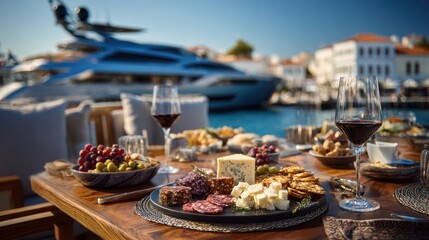 Naklejka premium A beautifully arranged spread of cheeses, meats, and snacks is displayed on a table beside a luxury yacht. Guests enjoy fine wine while overlooking a charming harbor in clear weather