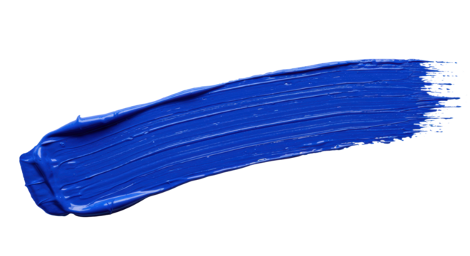 A bold, textured, wet royal blue paint brushstroke sweeps across a pristine transparent background with copy space, capturing fluid motion. Concept of innovative impact