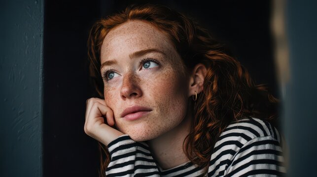 Pensive young woman with freckles resting chin on hand looking away