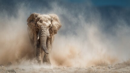 Fototapeta premium An elephant strides confidently across a dusty terrain, raising clouds of dirt as it walks. The midday sun illuminates the scene, highlighting the animal's massive form against the dry landscape