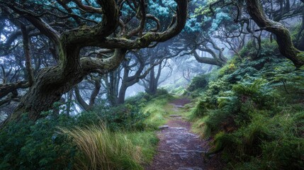A winding path leads through a misty forest, with rugged trees twisting overhead, creating an enchanting atmosphere. Lush ferns and grass line the trail, embodying nature's tranquility