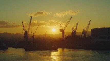 Obraz premium Silhouette Cranes Sunset Harbor