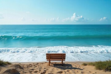 A solitary seat overlooks a vast, tranquil ocean; waves gently lap the shore, creating a serene and peaceful atmosphere Perfect for travel, relaxation, and coastal themes , waves, travel