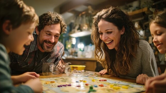 Happy family playing board game in a cozy living room at night.