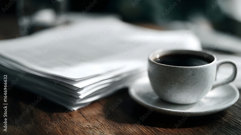 Poster business documents and coffee cup on a table with sharp focus and high long title a stack of busines