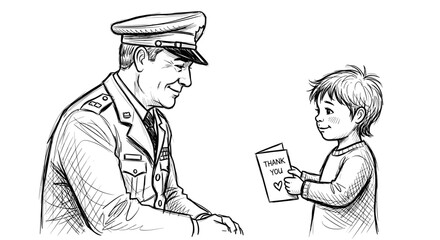 Child giving thank you card to soldier in sketch drawing