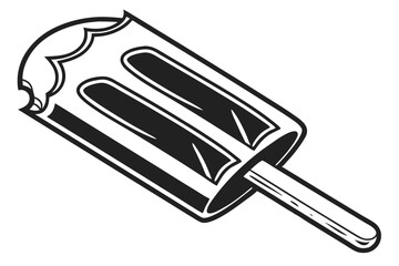 Bitten Popsicle Sketch Isolated, Black Outline on Stick, Summer Treat with White Background