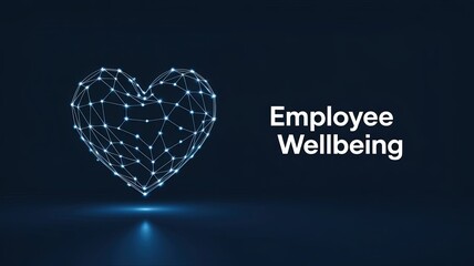Employee Wellbeing Focus: The image embodies a visual representation of employee wellbeing, featuring a geometric heart formed by interconnected points, set against a dark.