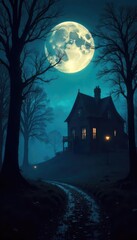 Spooky Halloween Midnight Scene Silhouetted Trees, Full Moon, Haunted House, Fog
