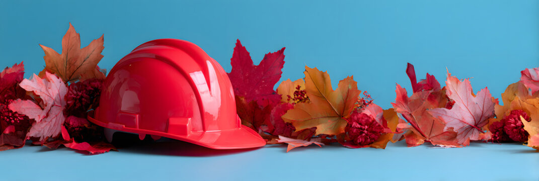 Red construction helmet surrounded by autumn leaves on a blue background, symbolizing fall and safety. Concept for seasonal themes and Labor Day