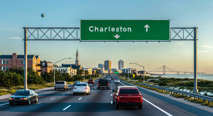 Obraz premium Charleston Highway with Guide Sign, Destination Sign, Overhead Signage, Church Steeple, Urban Skyline, Clear Sky, Multi-Lane Traffic, Daytime 