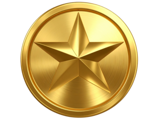 Close-Up of Circular Gold Object with Star in Center, Isolated on Transparent Background