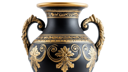 A beautifully crafted black vase features ornate gold designs and elegant handles, showcasing artisanal craftsmanship