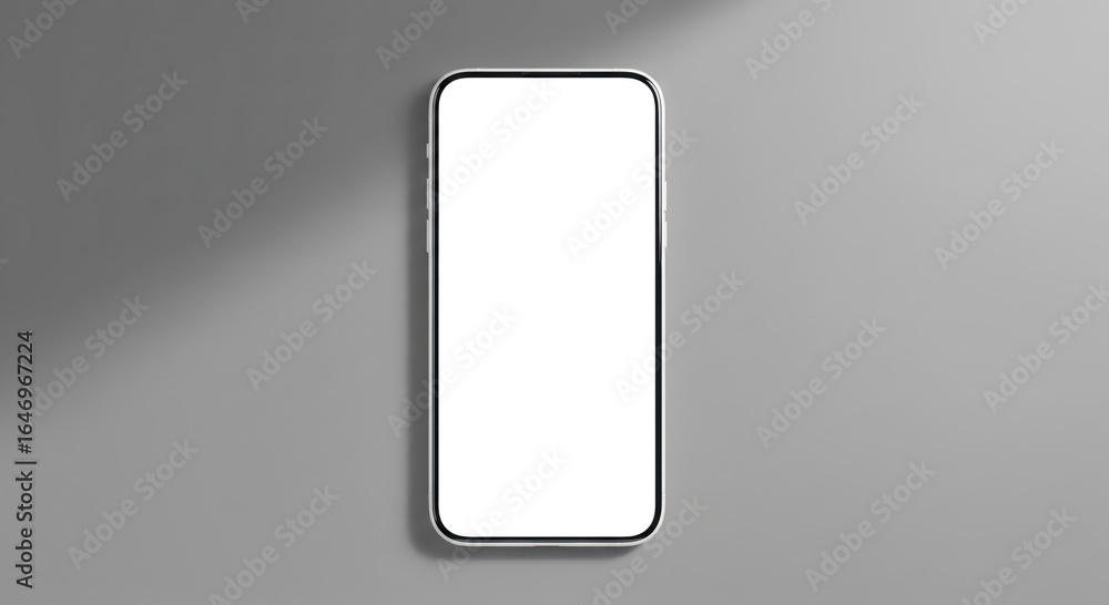 Poster mobile phone mockup with blank white screen standing front view on grey studio background, modern sm