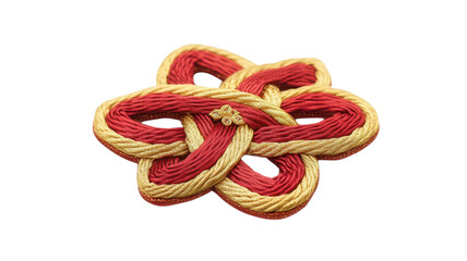 Naklejka premium Brightly colored knot design featuring red and gold threads showcases intricate craftsmanship and cultural significance