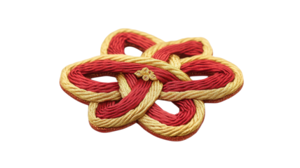 Brightly colored knot design featuring red and gold threads showcases intricate craftsmanship and cultural significance
