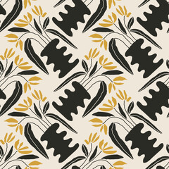 Trendy minimalist seamless botanical pattern with abstract creative hand drawn composition