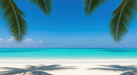 Tropical beach scene with white sand turquoise water and palm fronds framing the view ocean