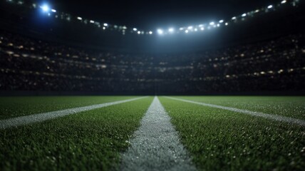 Illuminated football field at night with central line perspective. Neural network AI generated