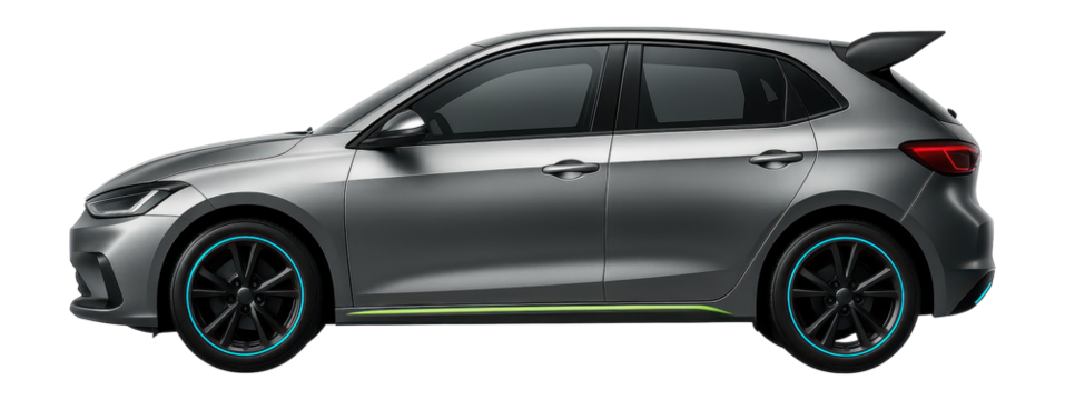 Compact hatchback with a distinctive roof spoiler and wide tires