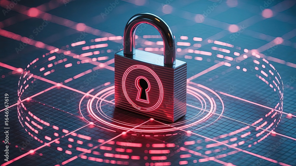 Poster digital fortress: a close-up shot showcases a metallic padlock set against a backdrop of glowing dig