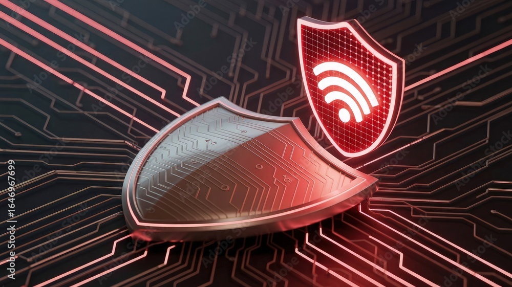 Poster Cyber Shield of Connectivity: A digitally rendered image of a protective shield, adorned with a glowing wifi symbol, floating above an intricate circuit board.