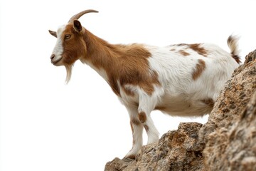 Fototapeta premium Brown and White Goat Standing on Rocky Outcrop Against White Sky