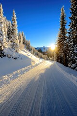 Obraz premium Serene Snowy Pathway Under Bright Winter Sunlight at Dusk