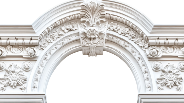 Detailed craftsmanship of a white architectural arch featuring ornate carvings and floral designs above a doorway