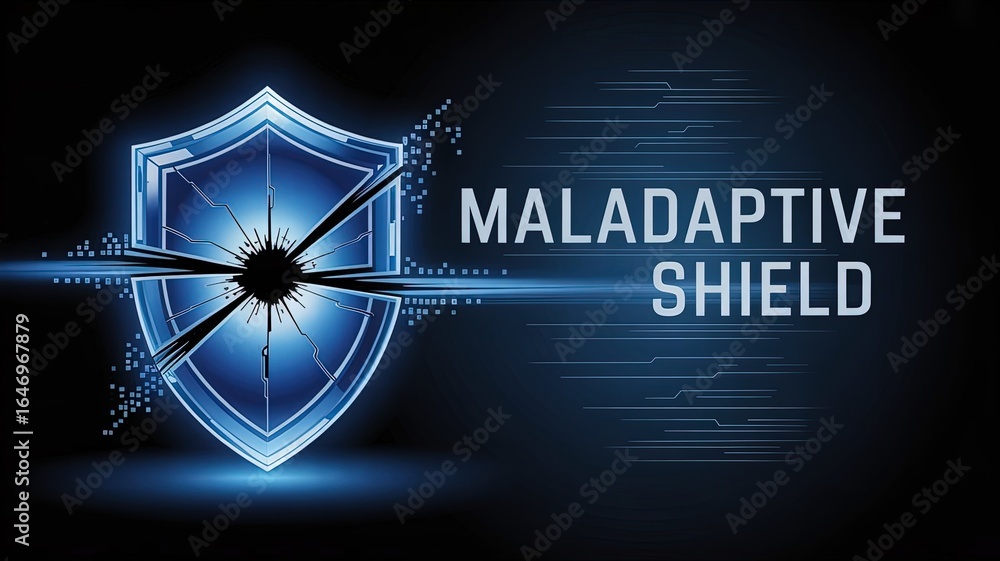 Poster maladaptive shield: a conceptual digital shield symbolizing protection is fractured with the words m