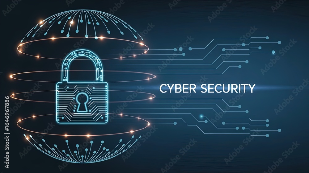 Poster cyber security: this image is a visual representation of digital security, with a central padlock sy